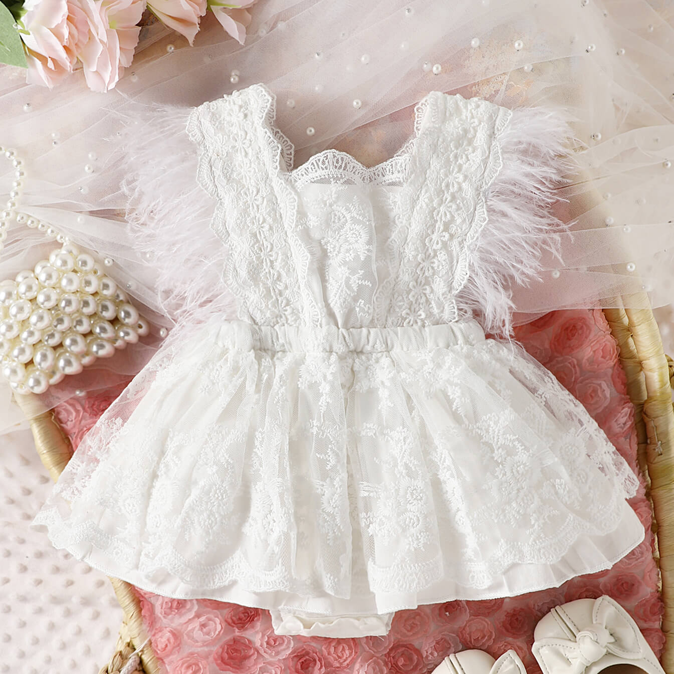 Baby Girl White Lace Feather Romper Dress