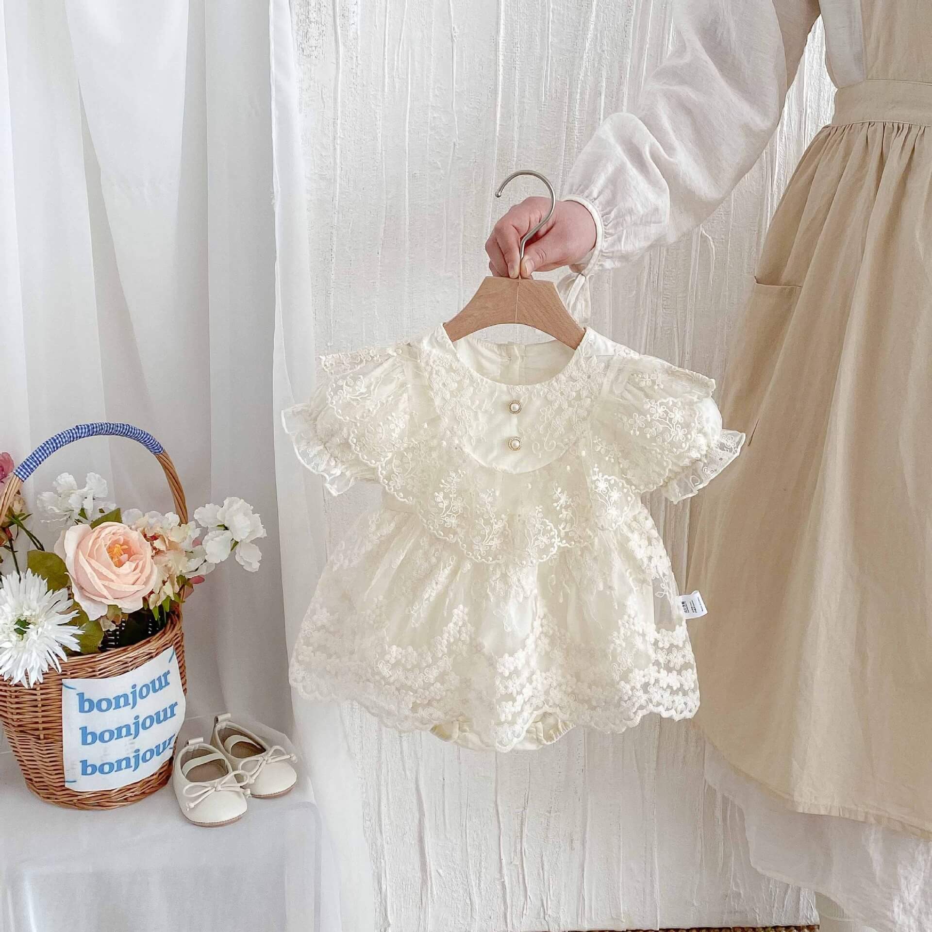 Baby Girl Ivory Floral Lace Flutter Sleeve Romper