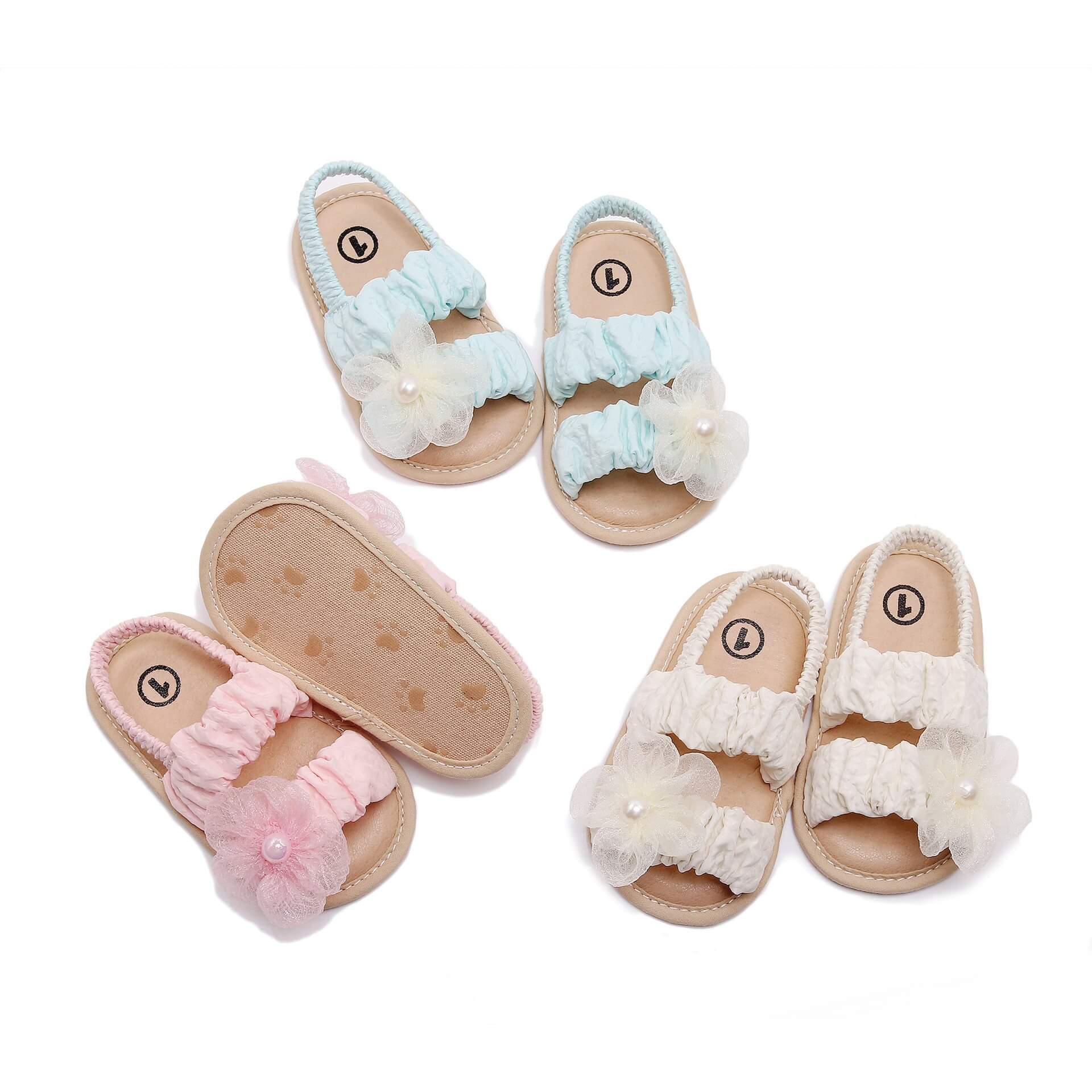 Baby Girl Ruffle Fabric & Lace Flower Pearl Open-Toe Sandals
