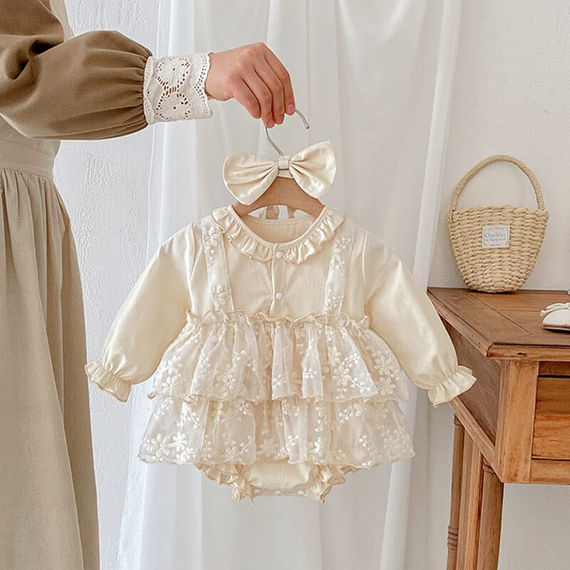 Baby Girl Cream Satin Long Sleeve Romper