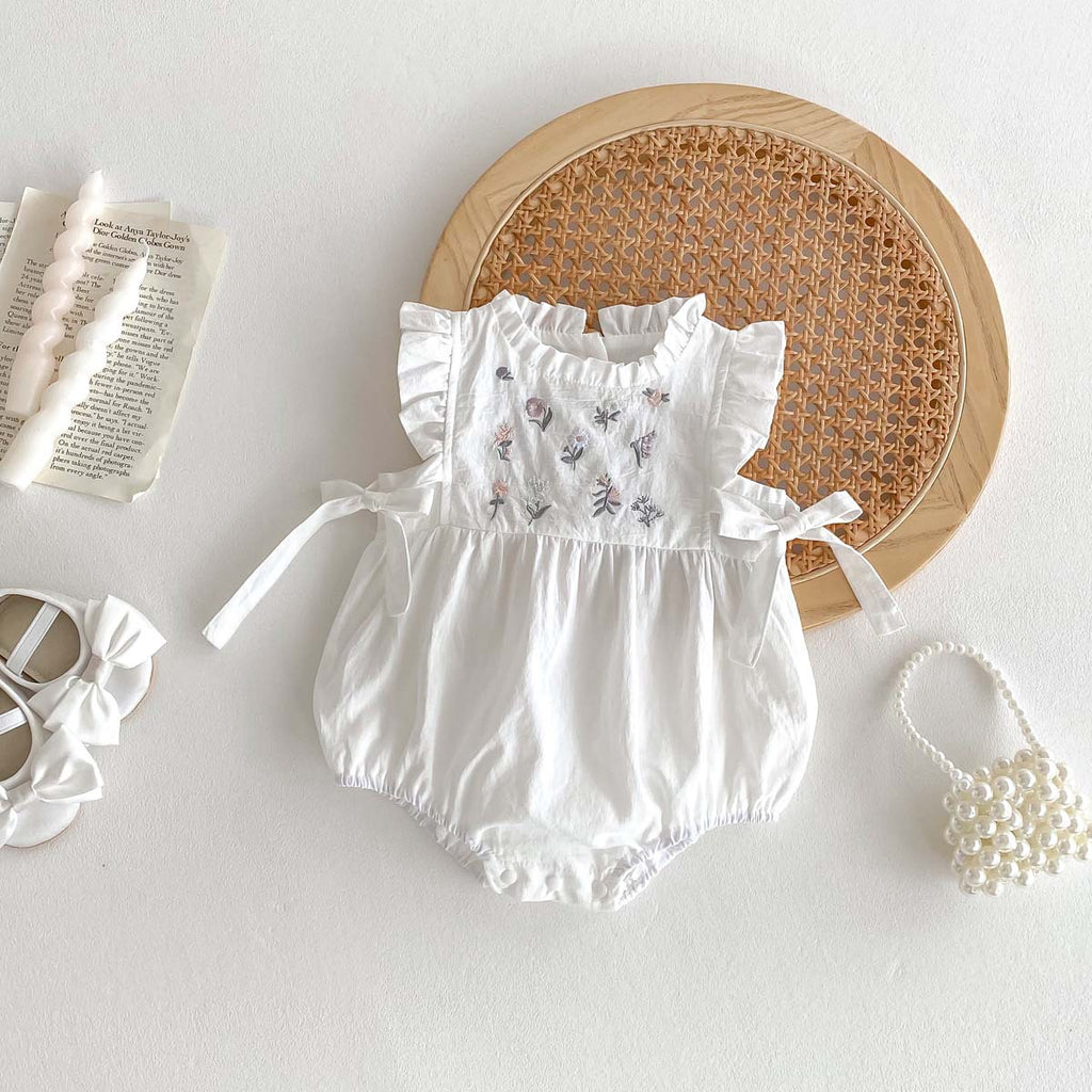 White Floral Embroidered Cotton Romper for Baby Girls