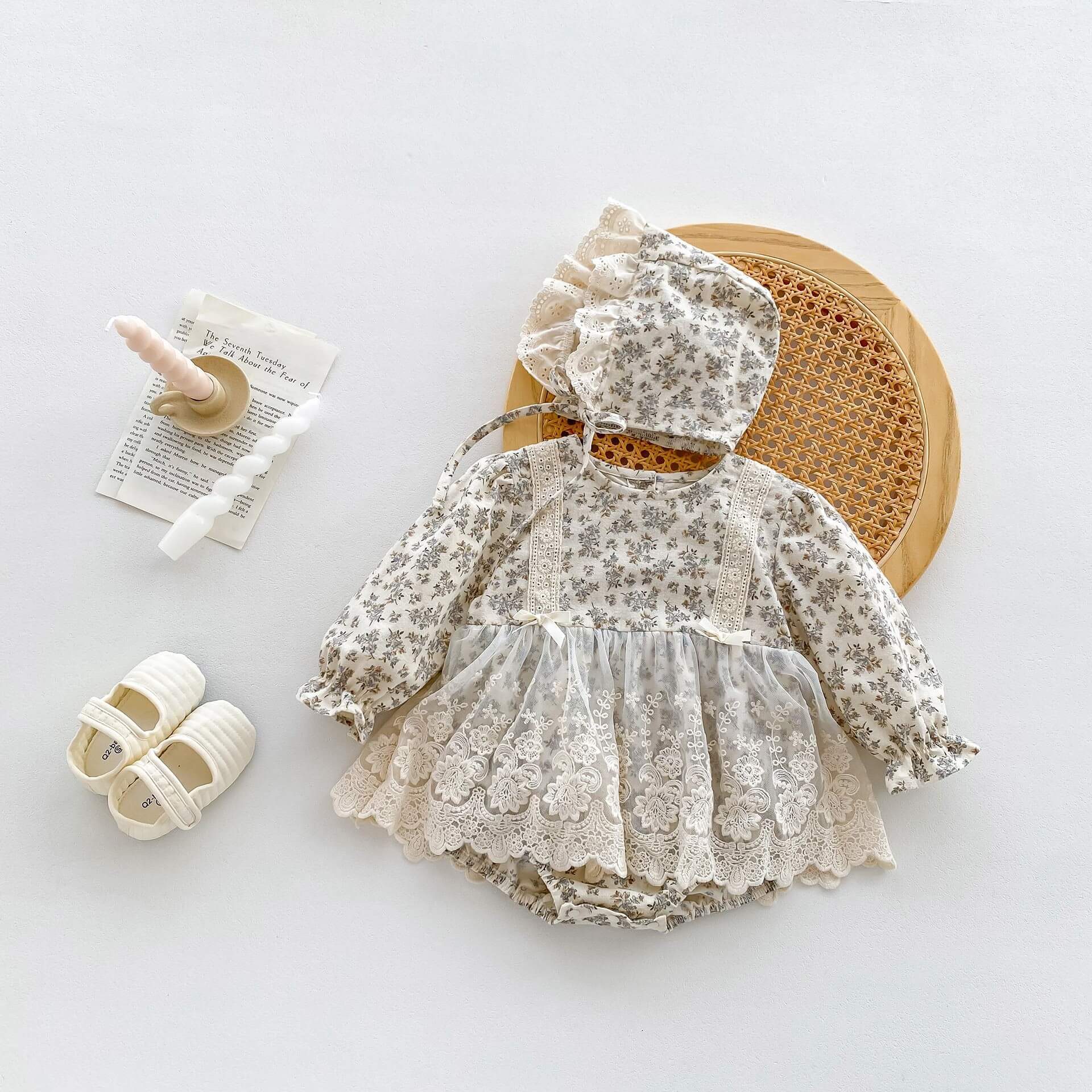 Baby Girl Vintage Floral Romper with Embroidered Lace Skirt Overlay