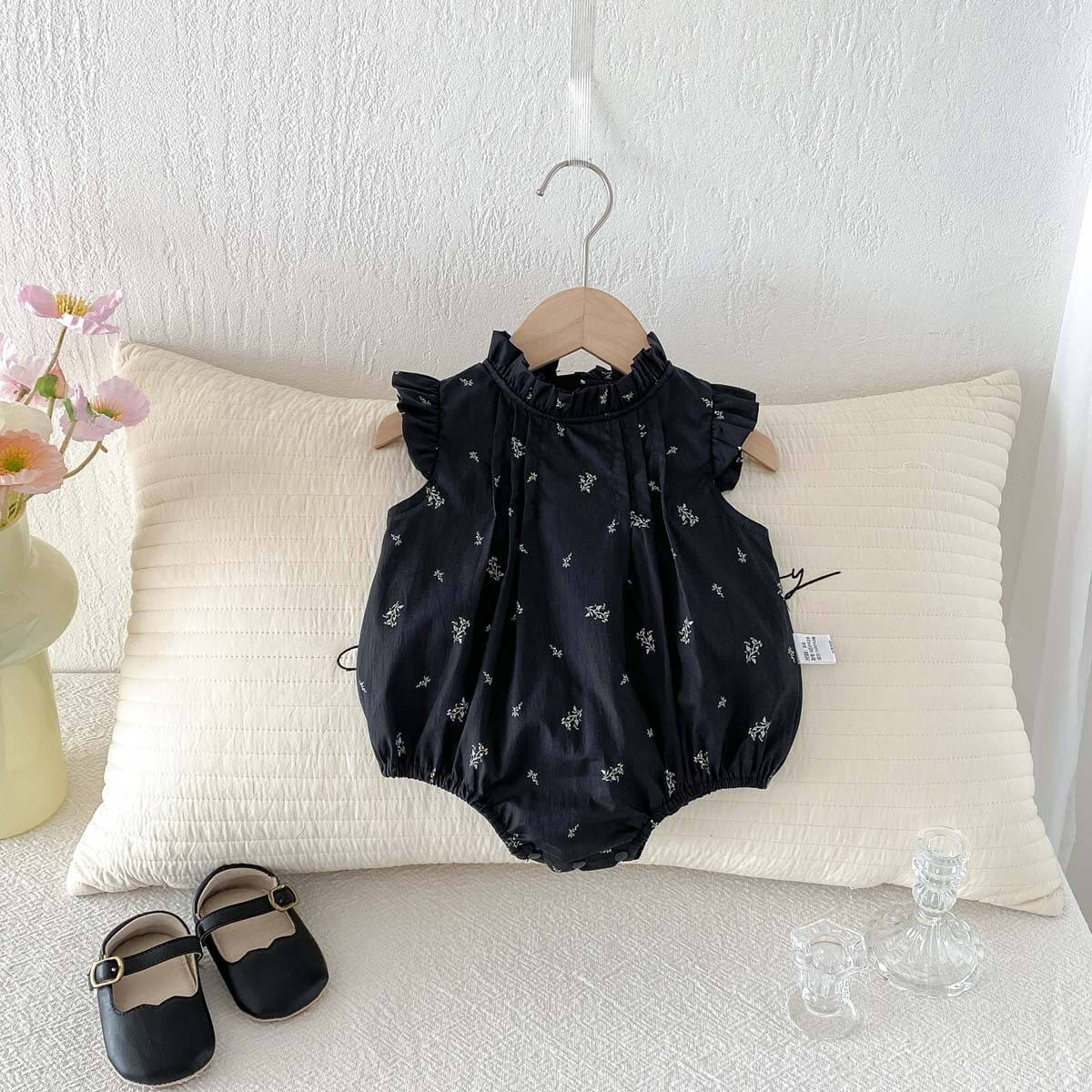 Baby Girl Black Ditsy Floral Flutter Sleeve Romper with Ruffle Collar