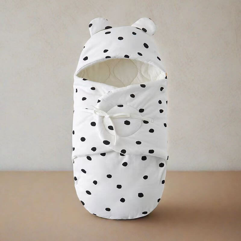 Newborn Baby Black & White Polka Dot Bear Ear Hooded Swaddle Wrap