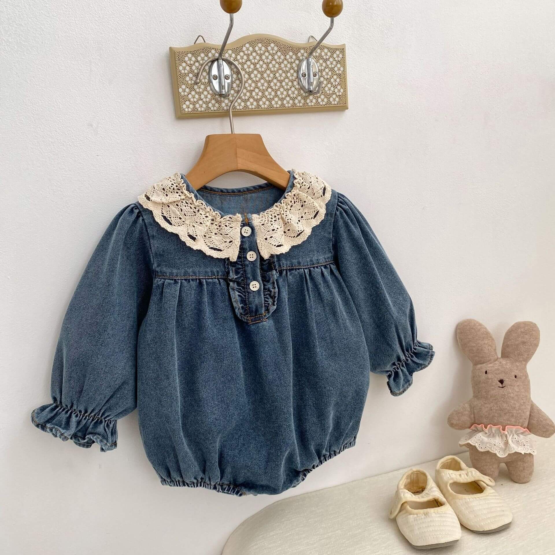 Baby Girl Denim Romper with Crochet Lace Peter Pan Collar