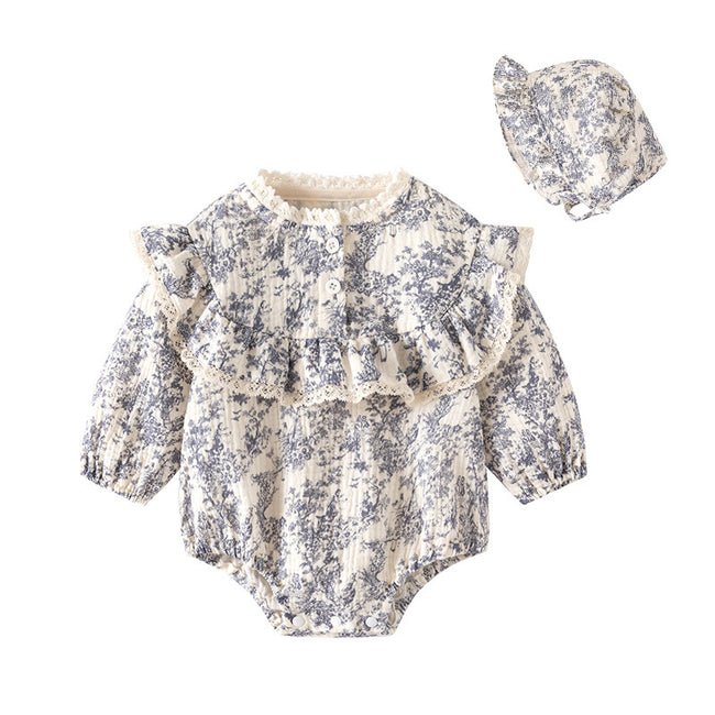 Floral Muslin Cotton Baby Romper with Matching Bonnet Hover Image