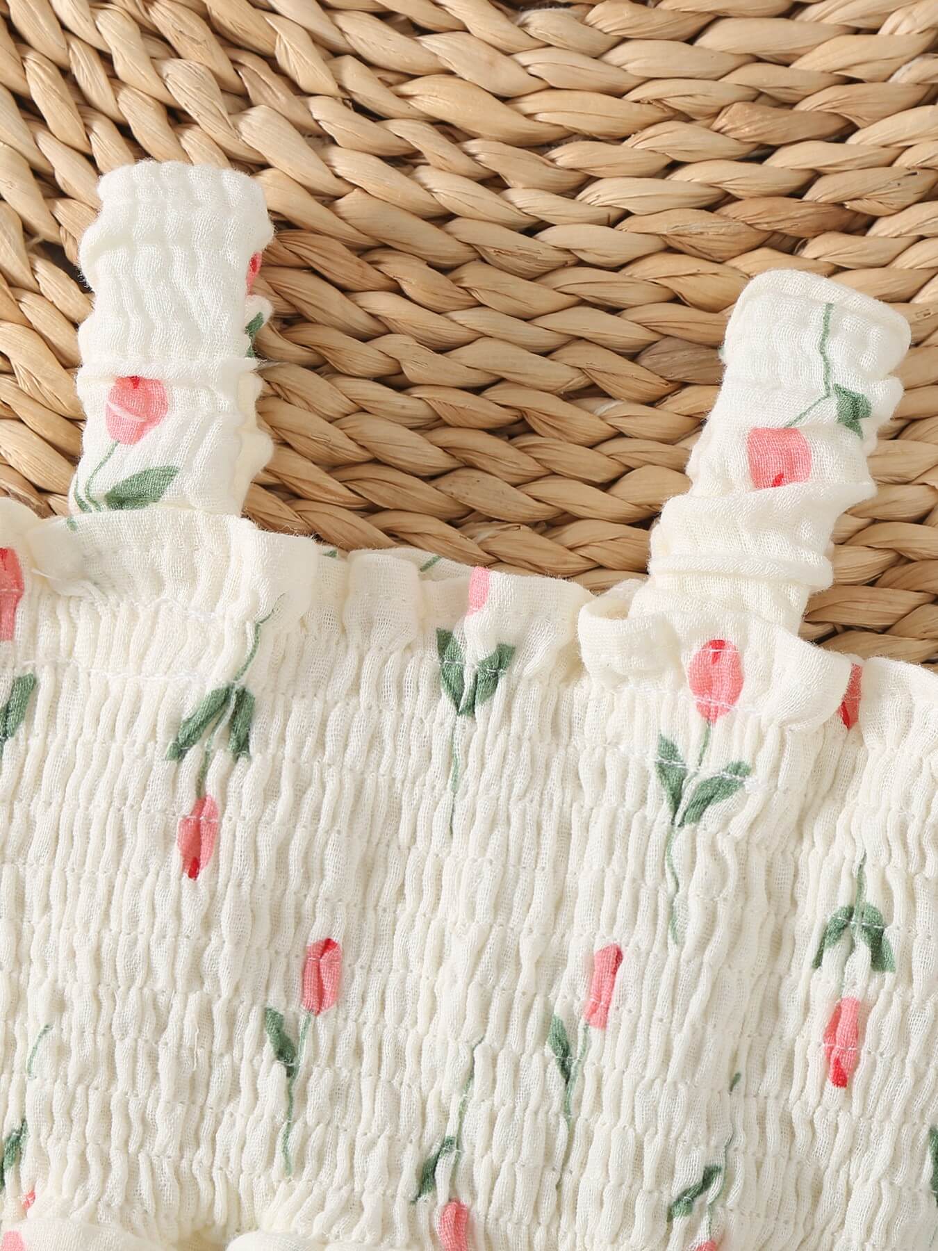 Baby Girl Cream Tulip Print Smocked Romper with Bucket Hat