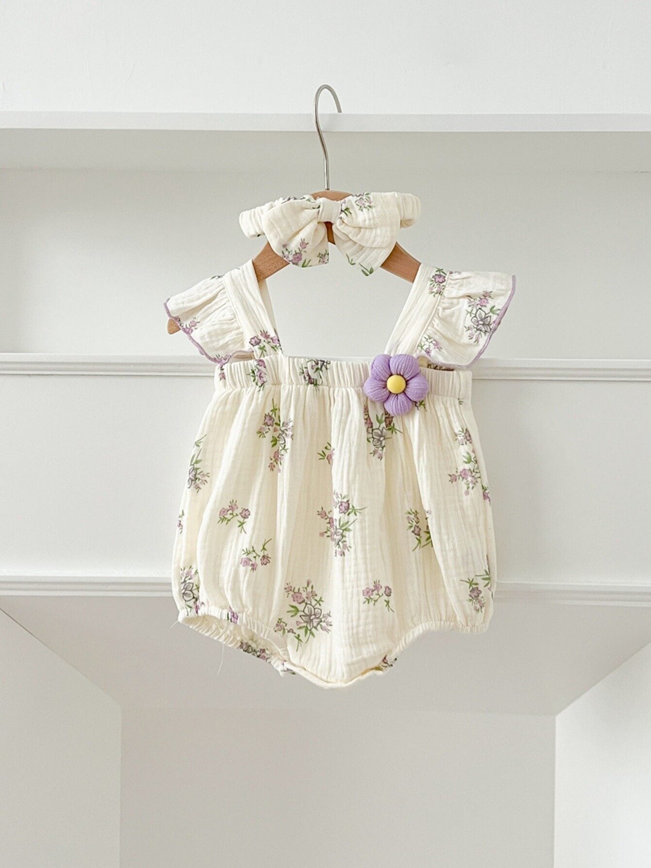 Baby Girl Cream Muslin Floral Print Romper