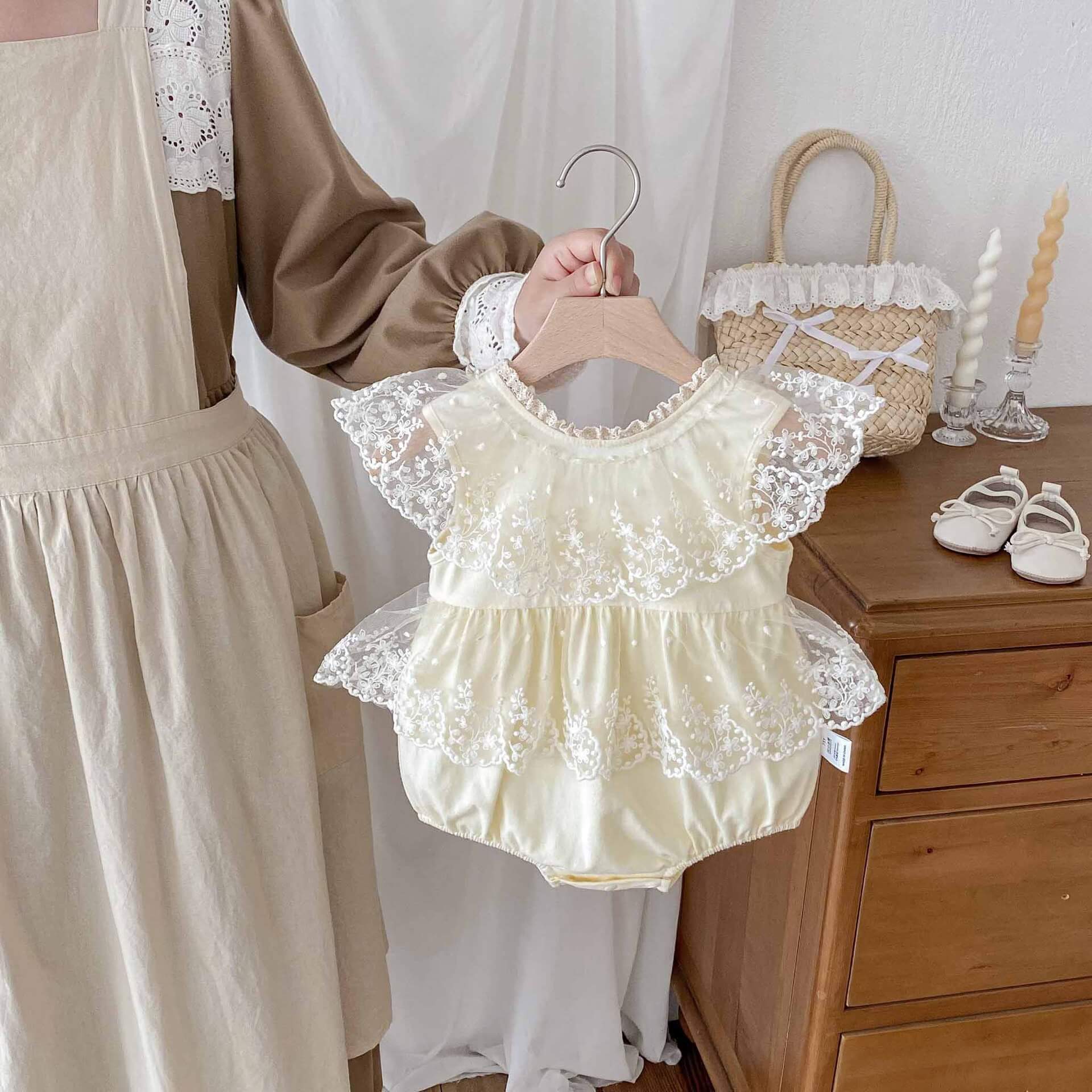 Baby Girl Cream Satin & Floral Lace Overlay Romper