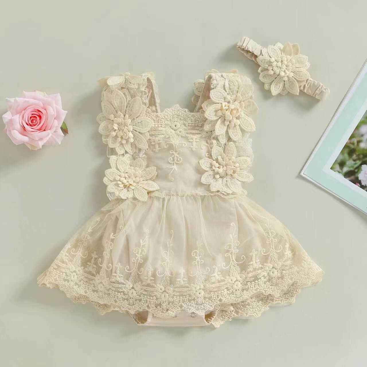 Baby Girl Vintage Beige Lace Romper Dress