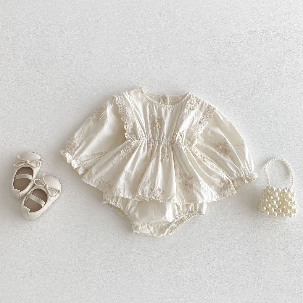 Ivory Floral Embroidered Cotton Romper Dress for Baby Girls