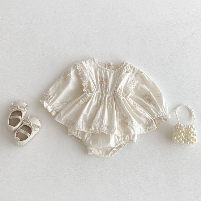 Ivory Floral Embroidered Cotton Romper Dress for Baby Girls Hover Image