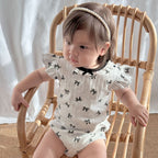 Baby Girl Bow Print Ribbed Cotton Romper with Flutter Sleeves