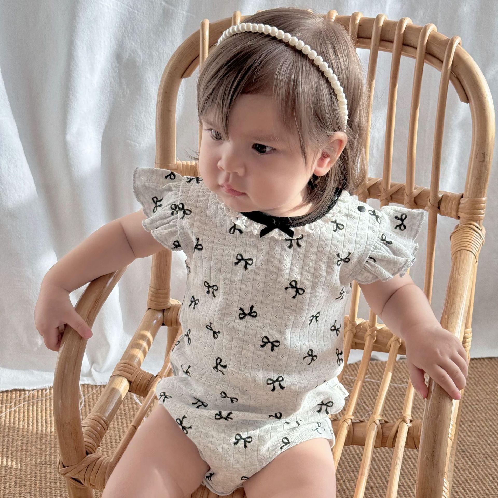 Baby Girl Bow Print Ribbed Cotton Romper with Flutter Sleeves