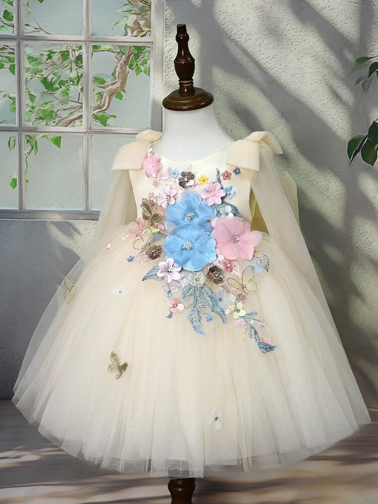 Girls Champagne Tulle Ball Gown with 3D Floral & Butterfly Appliqué