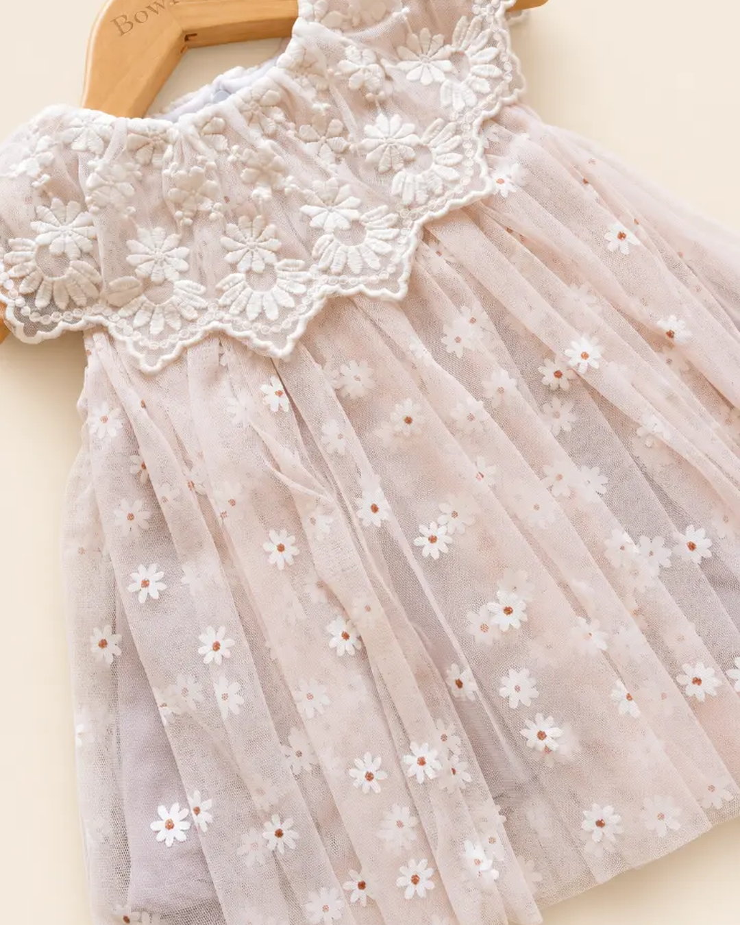Floral daisy frock in mint green and blush pink with an embroidered lace collar