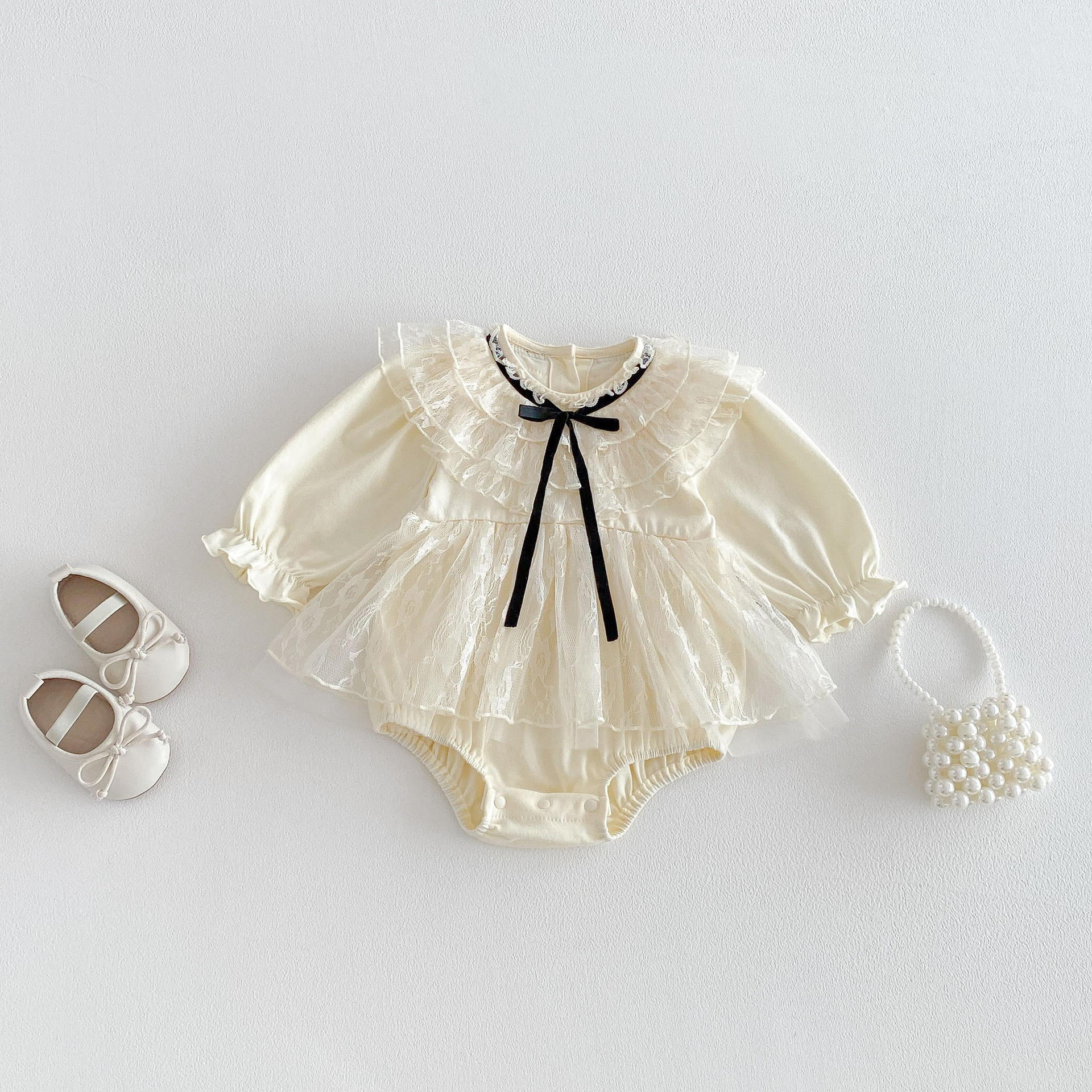 Vintage Lace Ruffle Baby Romper Dress with Black Ribbon