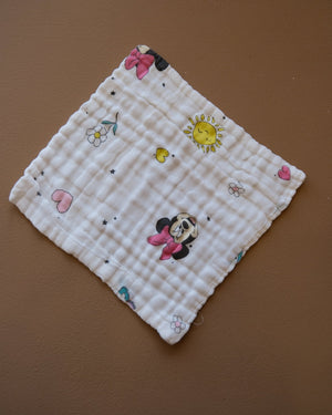Six-layer white muslin baby face towel with assorted colorful printed designs