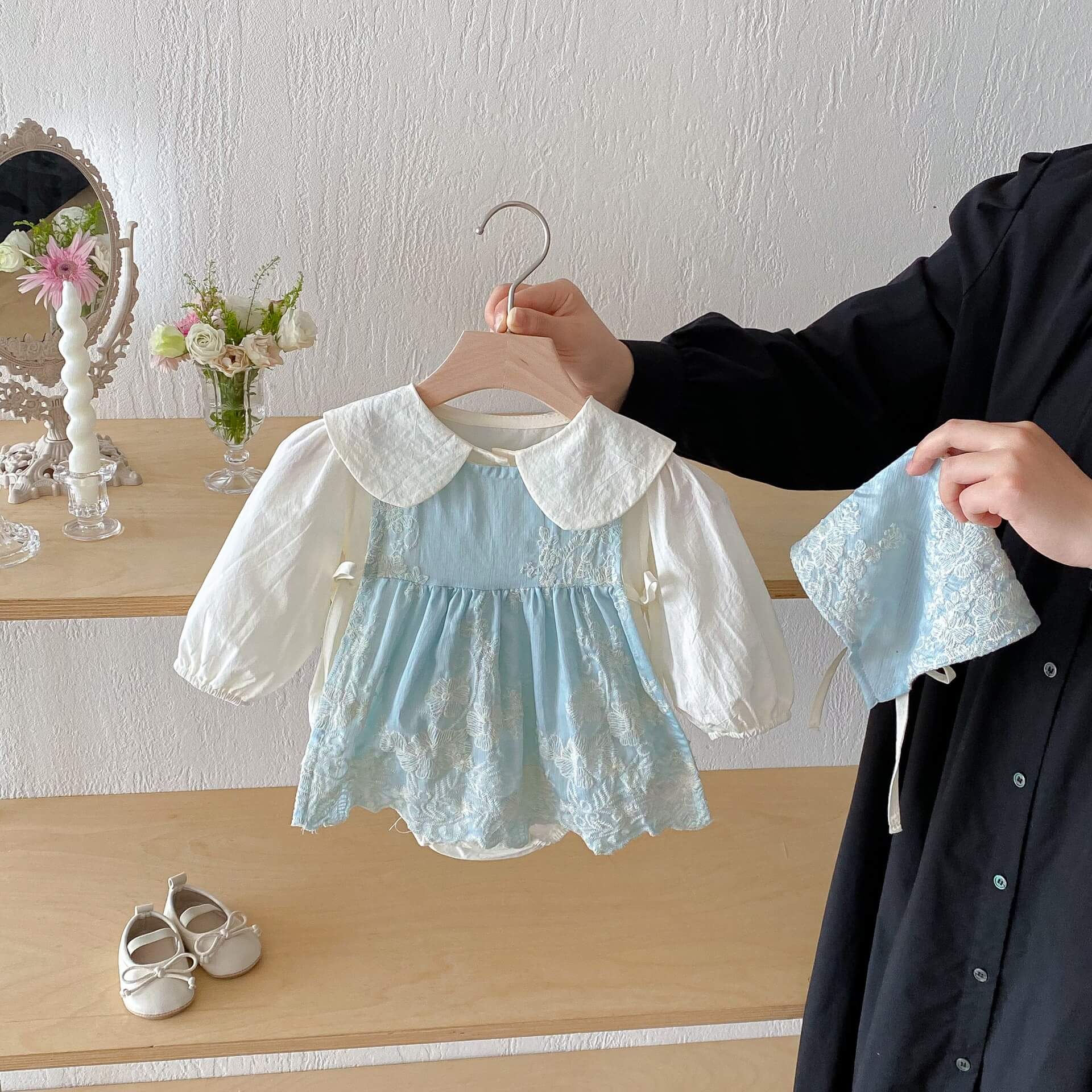 Baby Girl Blue Floral Embroidered Romper Dress