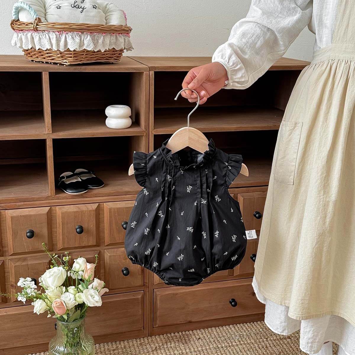 Baby Girl Black Ditsy Floral Flutter Sleeve Romper with Ruffle Collar