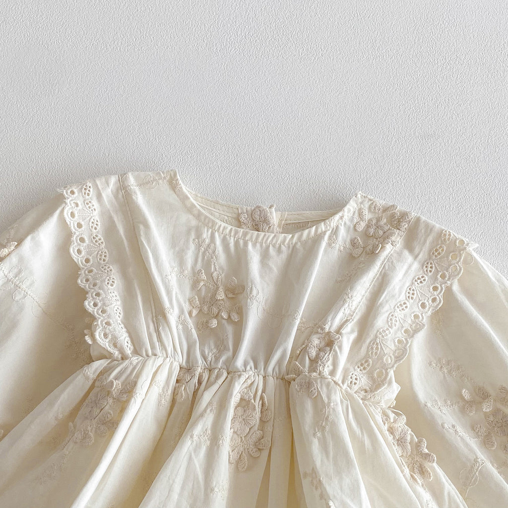 Ivory Floral Embroidered Cotton Romper Dress for Baby Girls