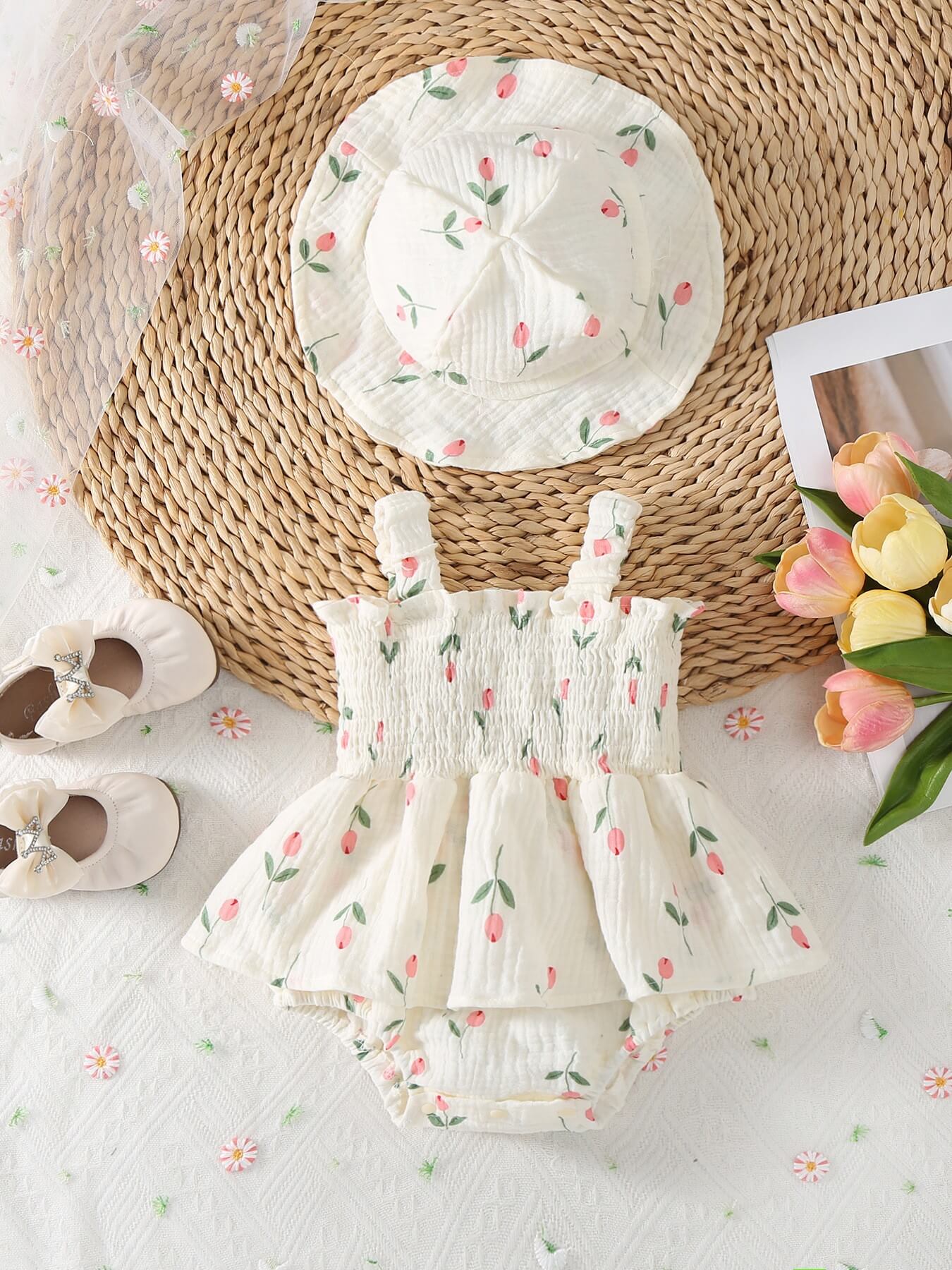 Baby Girl Cream Tulip Print Smocked Romper with Bucket Hat