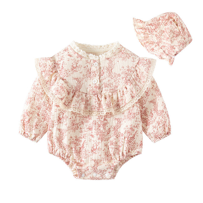 Floral Muslin Cotton Baby Romper with Matching Bonnet Main Image