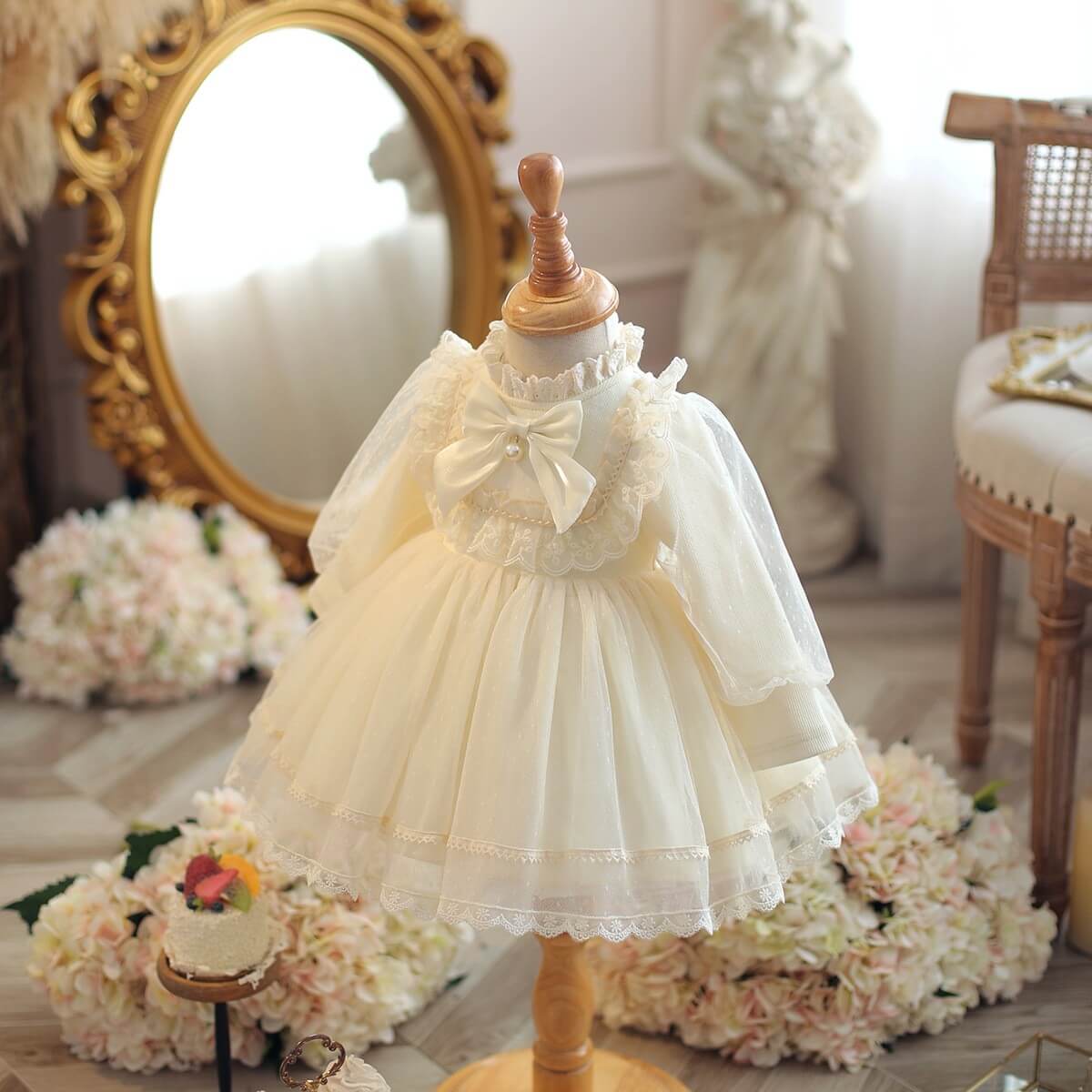 Girls Ivory Lace Tiered Tulle Ball Gown with Pearl Bow