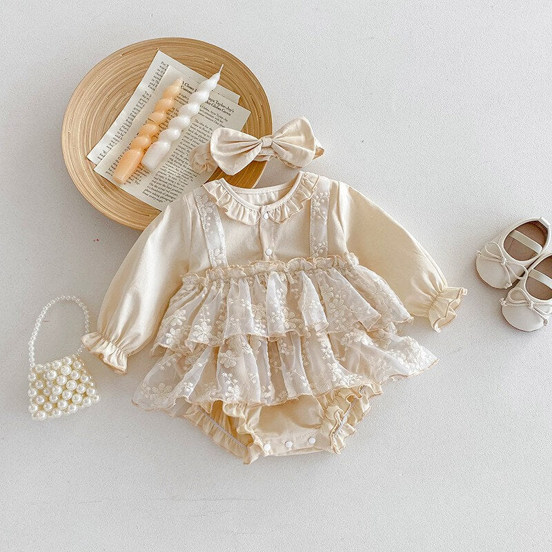 Baby Girl Cream Satin Long Sleeve Romper