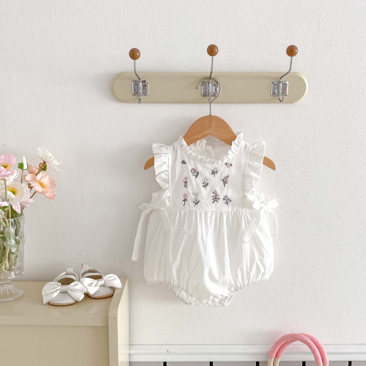 White Floral Embroidered Cotton Romper for Baby Girls