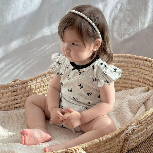 Baby Girl Bow Print Ribbed Cotton Romper with Flutter Sleeves Main Image