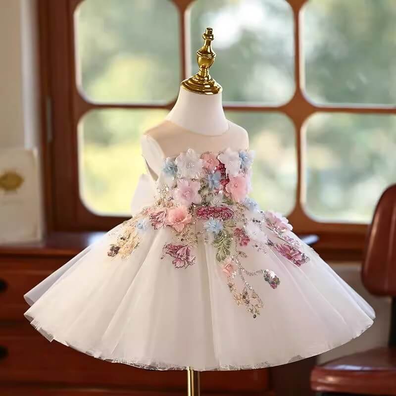 Girls White Tulle Ball Gown with Full 3D Floral & Sequin Embroidery Bodice