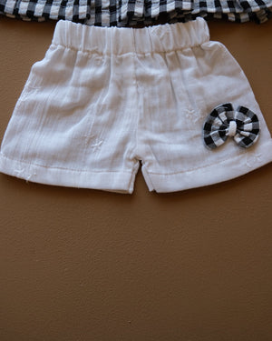 Black and white gingham girls frock set with bow detail and matching white shorts