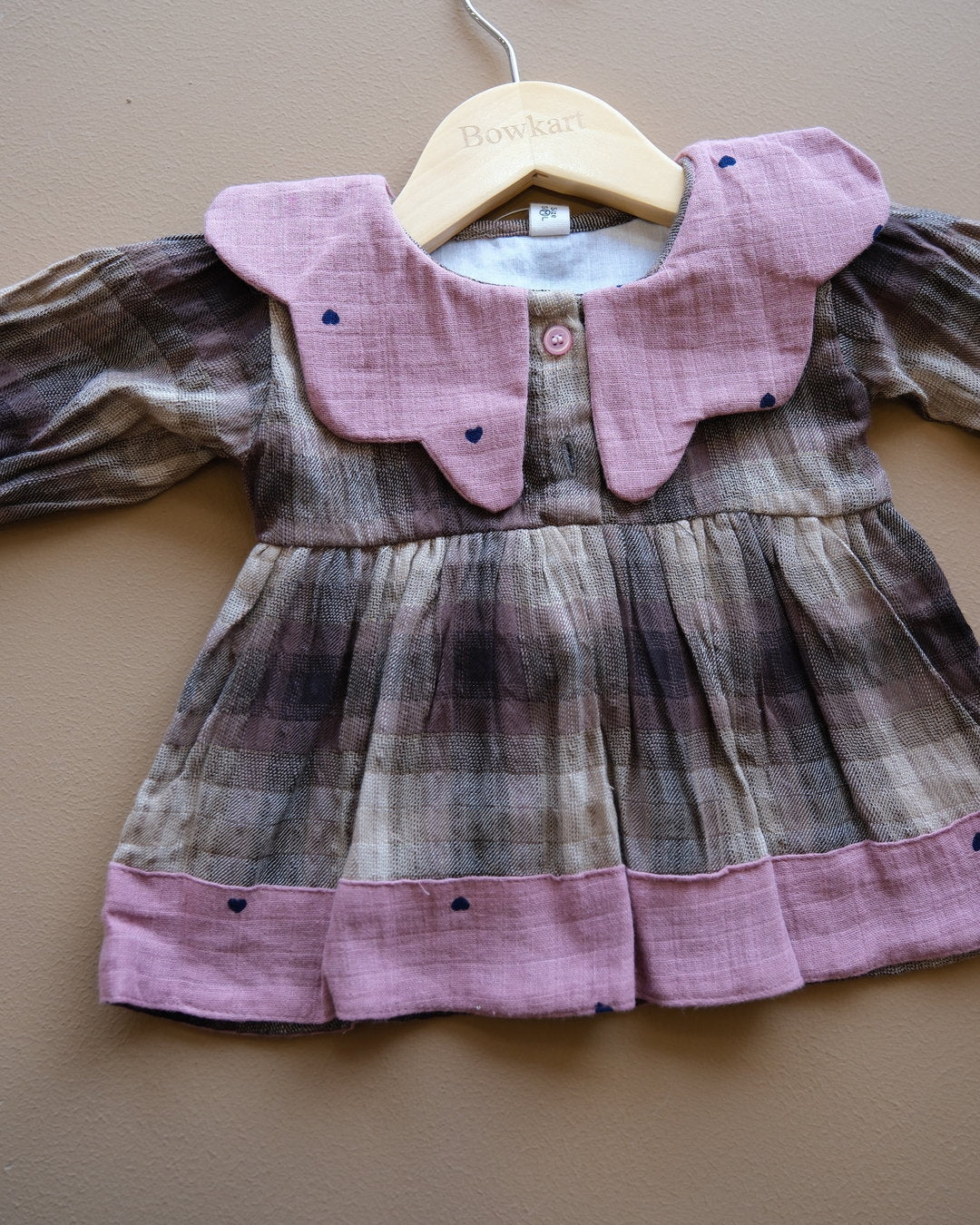 Baby plaid frock with contrasting Peter Pan collar and gathered skirt