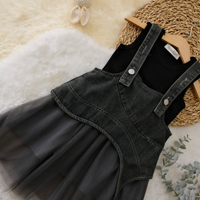 Black Denim Frock with Crop Top For Baby Girl Hover Image