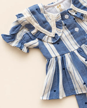 Striped girls frock set with heart motifs, ruffled sleeves, lace trim, and matching pants