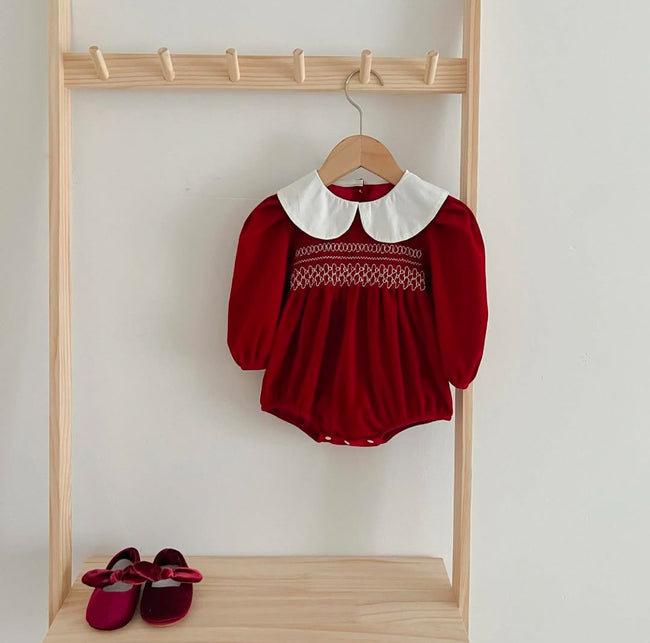 Puffed Sleeve Red Velvet Romper Hover Image