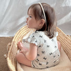 Baby Girl Bow Print Ribbed Cotton Romper with Flutter Sleeves