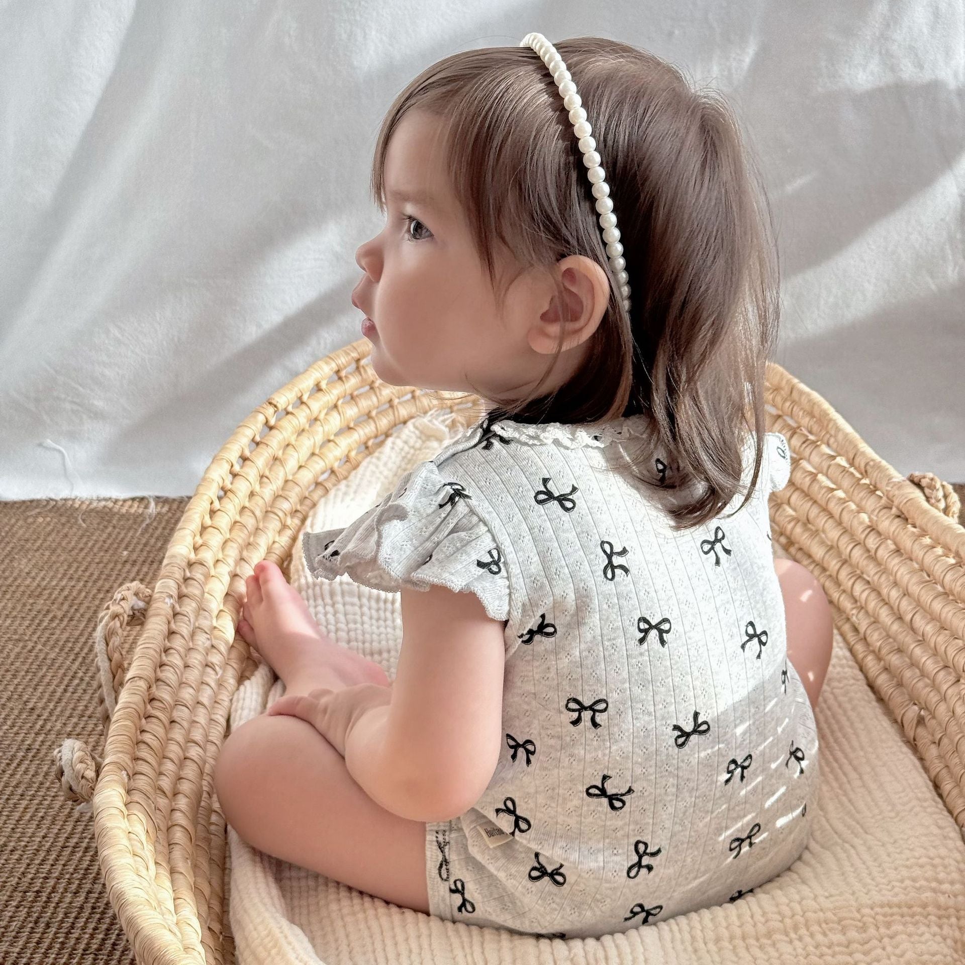 Baby Girl Bow Print Ribbed Cotton Romper with Flutter Sleeves