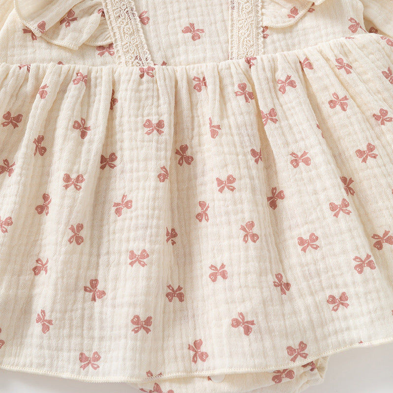 Baby Girl Cotton Muslin Bow Print Romper