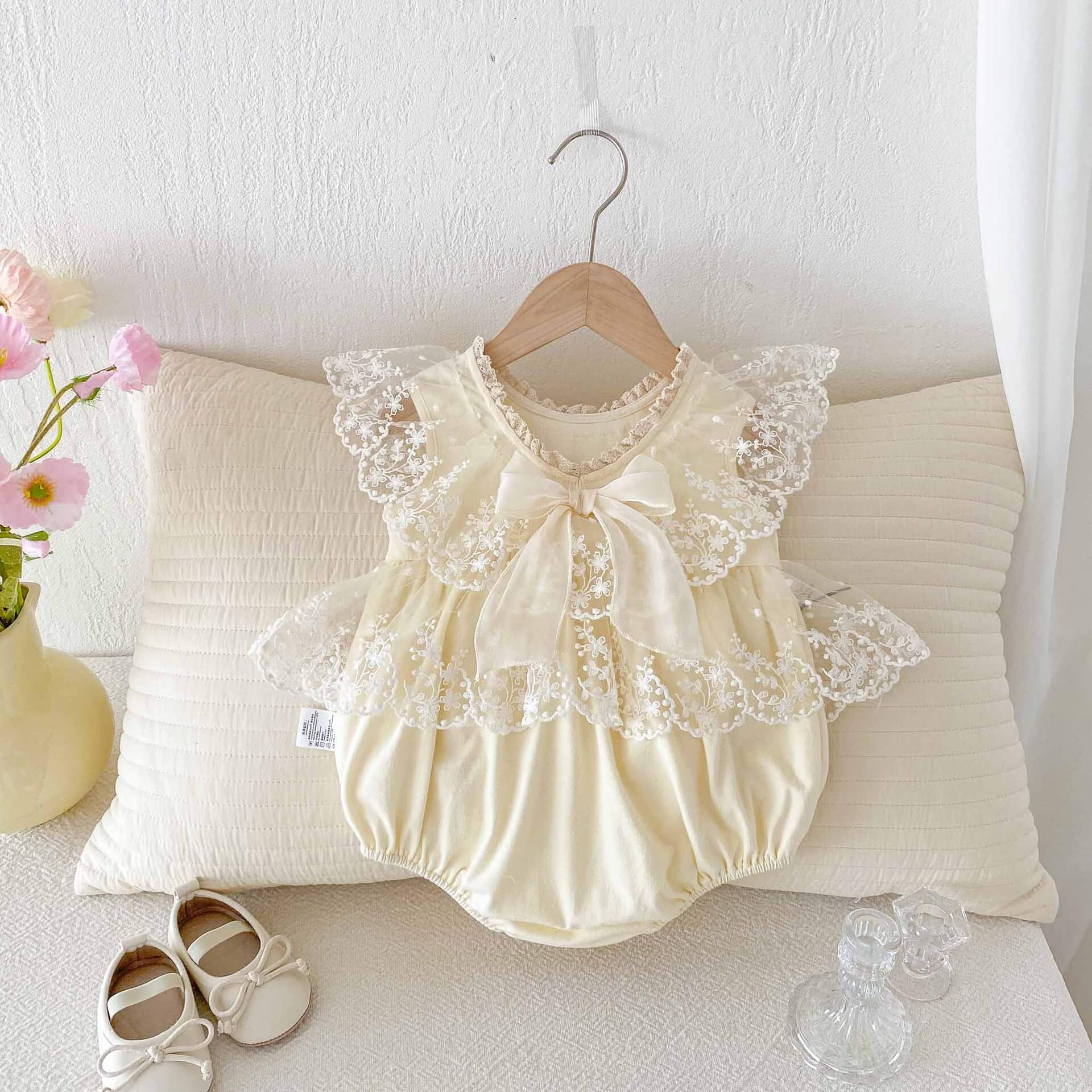 Baby Girl Cream Satin & Floral Lace Overlay Romper