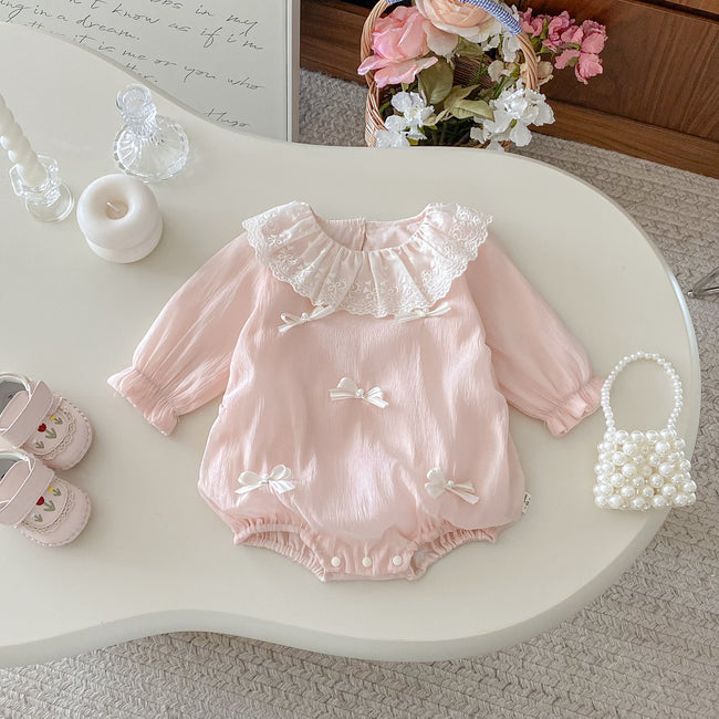 Baby Girl Elegant Pink Lace Romper Hover Image