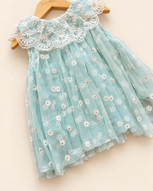 Floral daisy frock in mint green and blush pink with an embroidered lace collar