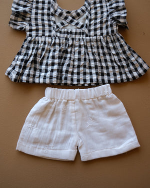 Black and white gingham girls frock set with bow detail and matching white shorts