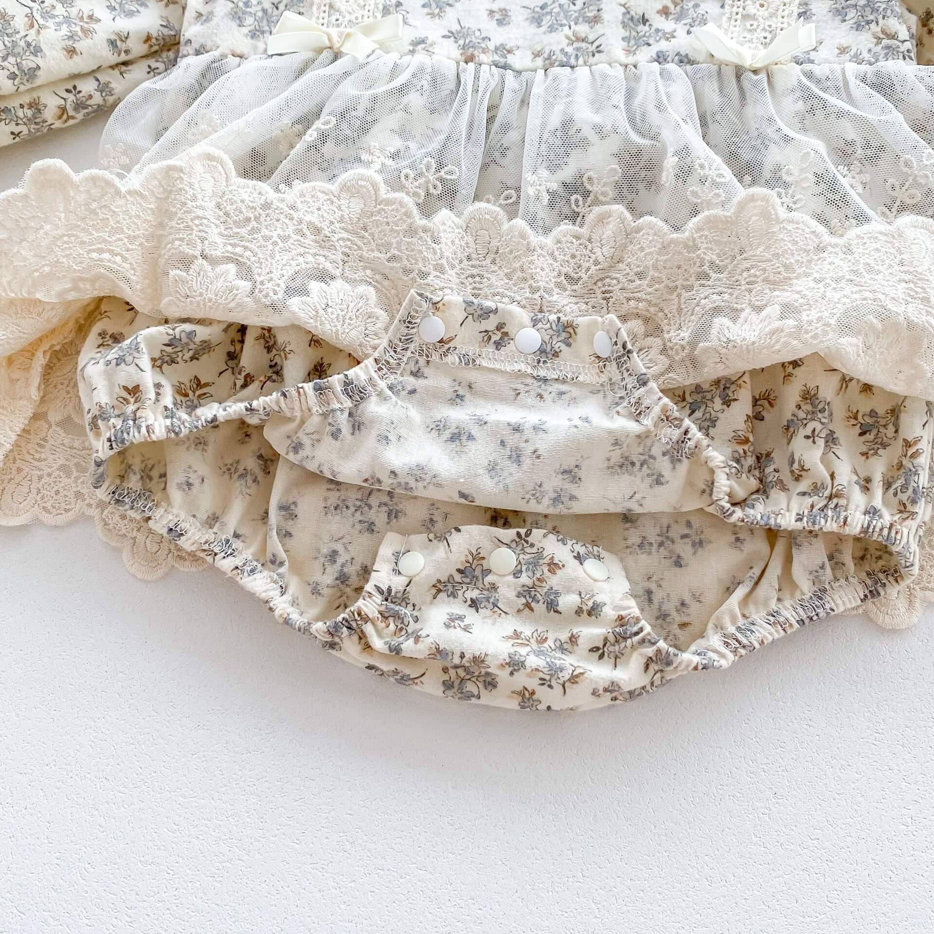 Baby Girl Vintage Floral Romper with Embroidered Lace Skirt Overlay