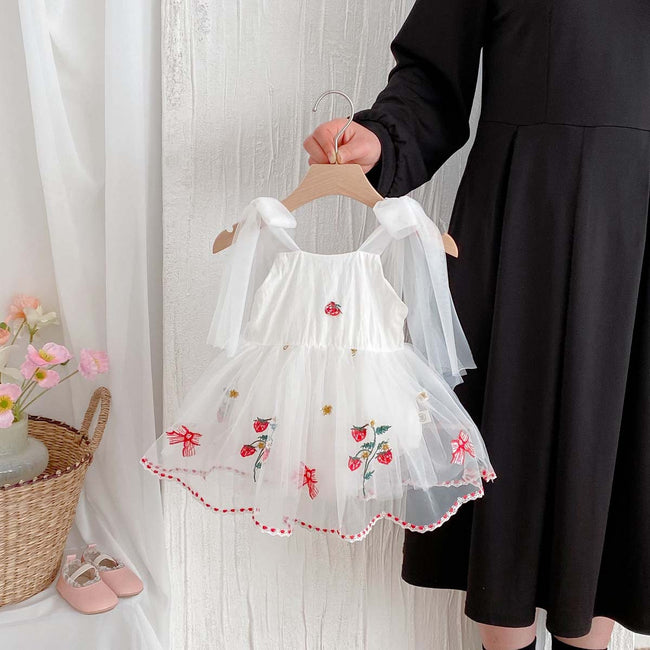 Baby Girl Strawberry Embroidered Tulle Dress Romper Hover Image