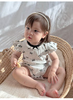 Baby Girl Bow Print Ribbed Cotton Romper with Flutter Sleeves