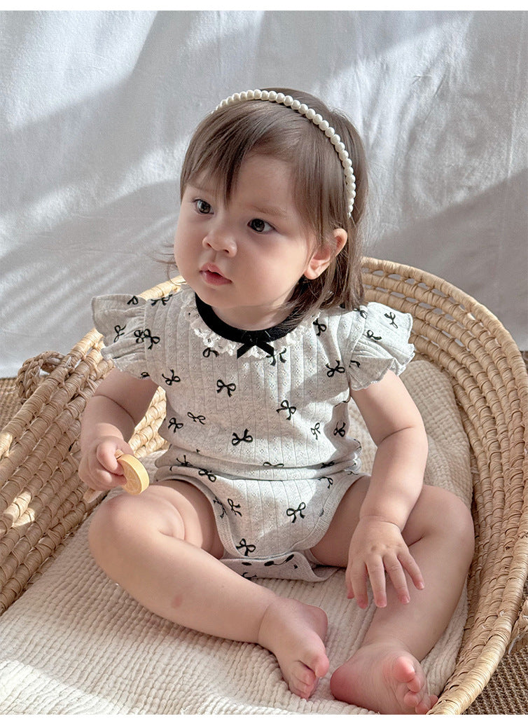 Baby Girl Bow Print Ribbed Cotton Romper with Flutter Sleeves