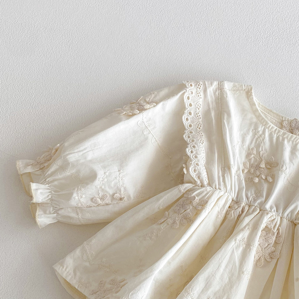 Ivory Floral Embroidered Cotton Romper Dress for Baby Girls