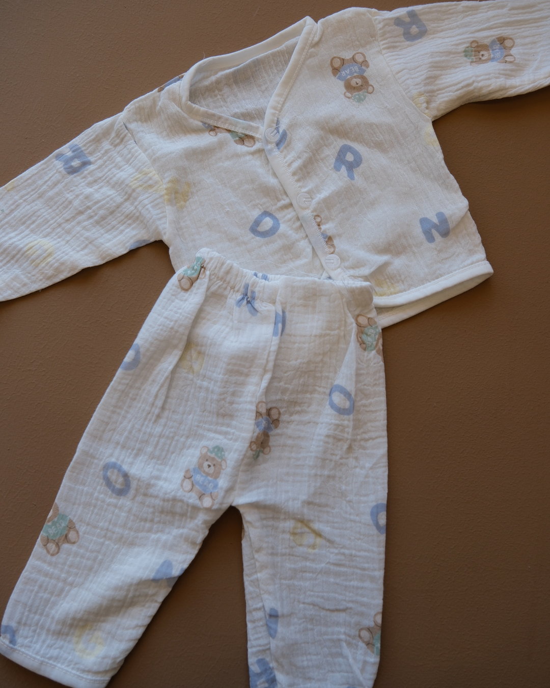 Pale blue baby clothing set with bear and letter prints